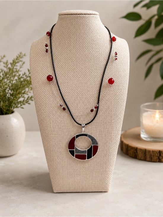 None Jewelry - Geometric Pendant Necklace Red Black Multi Strand Beaded Statement Adjustable